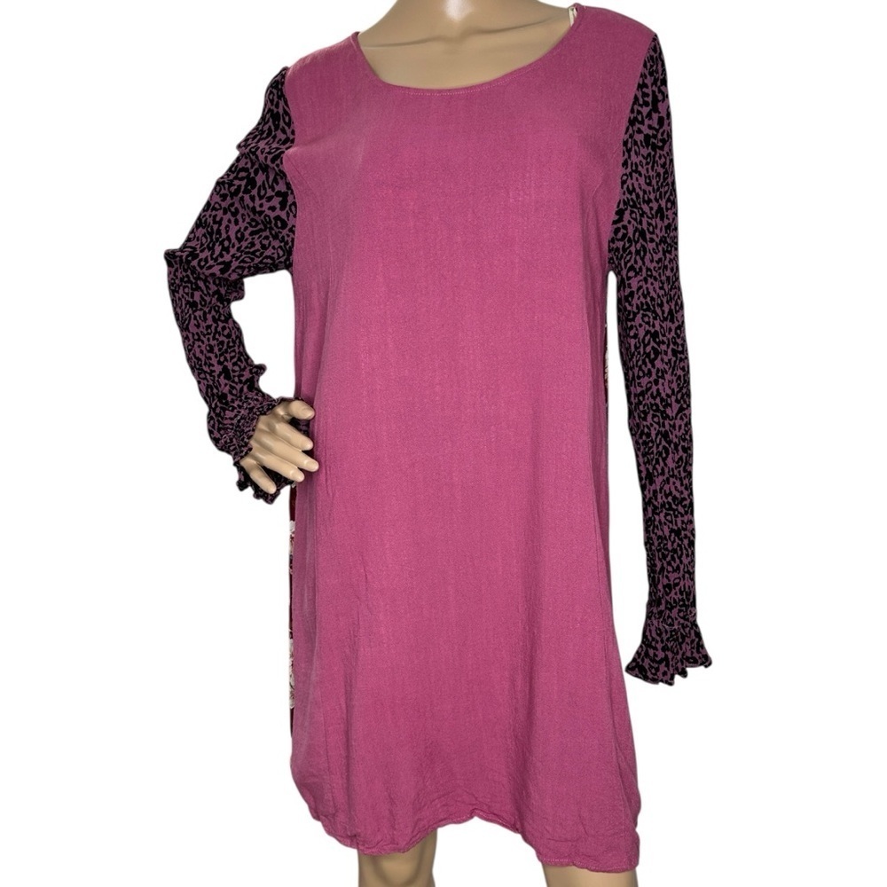Umgee Floral and Leopard Print Pink Dress medium